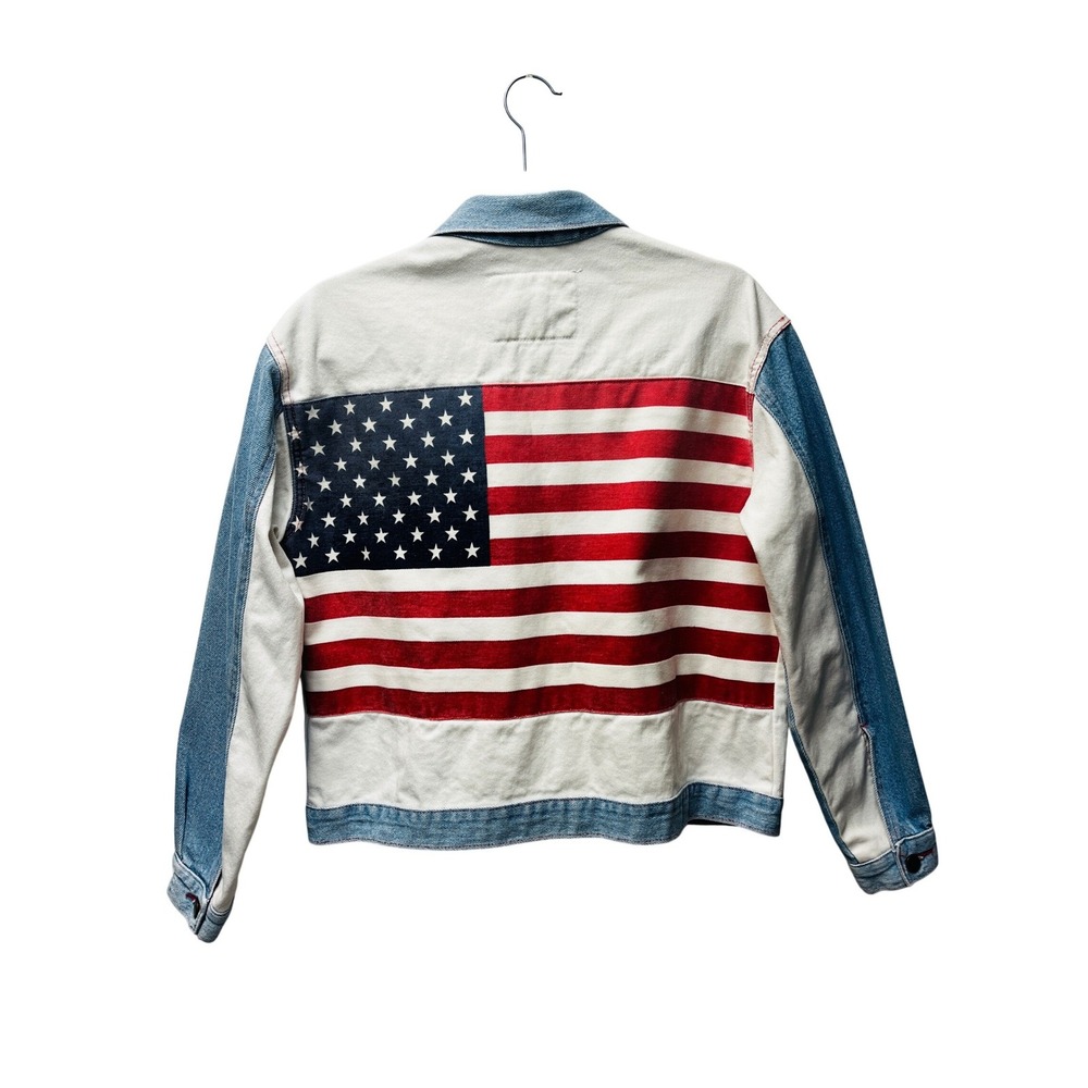 Fuse Paris M Denim Bomber Jacket USA Flag‎ Stars Stripes Trucker Moto VTG Unisex - Picture 3 of 15